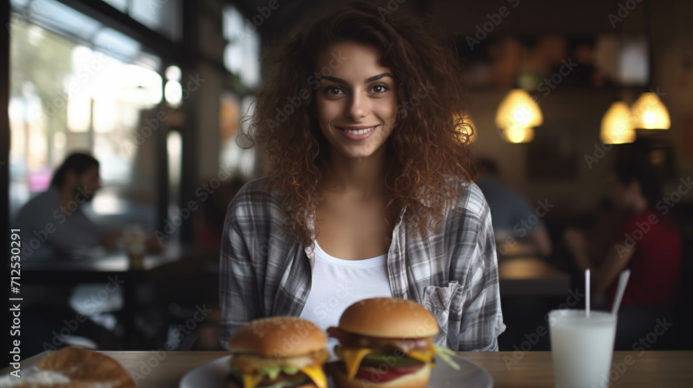 Caucasian woman eating hamburger in fast food restaurant.