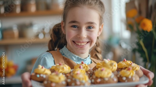 Adolescent with a joyful grin  clutching a dish of recently prepared Easter pastries
