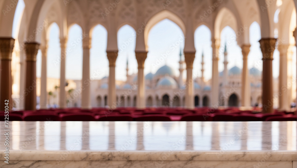 Empty marble table with blurry mosque background