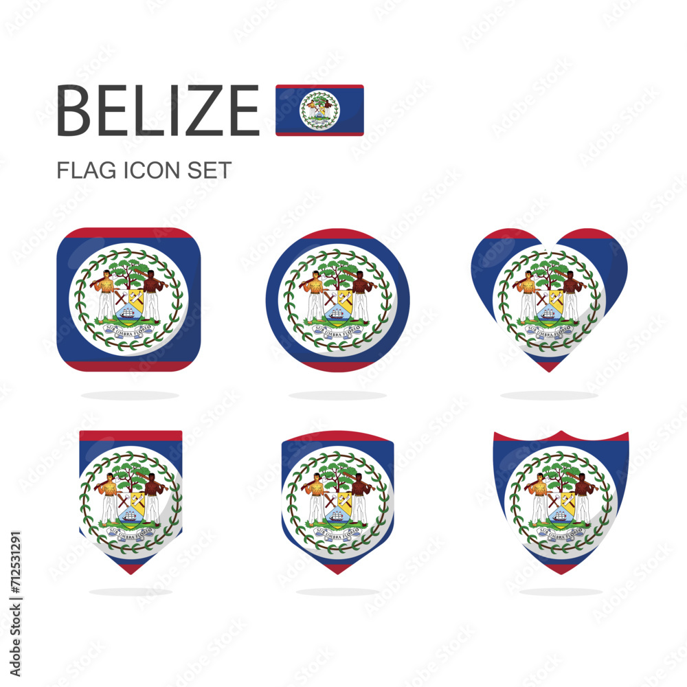 Belize 3d flag icons of 6 shapes all isolated on white background.