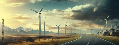 Windmills along the road. Climate change concerns. Climate resilience.