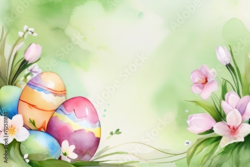Easter eggs with flowers rose tulip etc composition for the holiday. Decorative easter eggs background with space for text. Easter