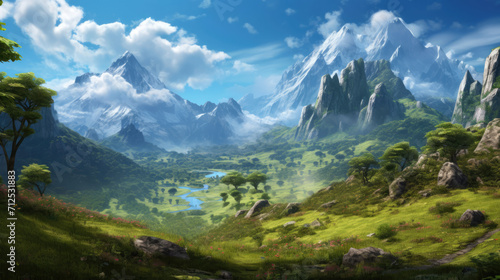 A breathtaking nature landscape featuring majestic mountains  vast skies  and lush plants   an immersive scene celebrating the beauty of the great outdoors