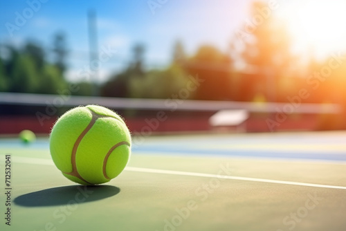 Tennis ball, racket and court ground with mockup space, blurred background or outdoor sunshine. Summer, sports equipment and mock up for training, fitness and exercise at game, contest or competition 