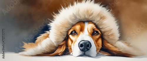 A dog wearing a large fur hat that covers its ears is lying on its face on the floor. Dog illustration in watercolor style. photo