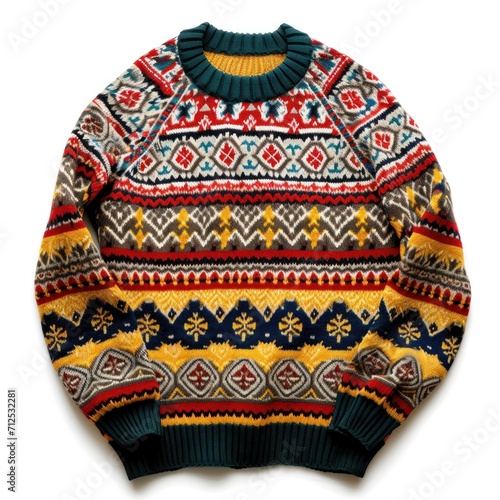 Cultural knit sweater with intricate geometric patterns in warm tones.