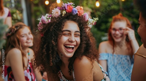 At an Easter garden party, a joyful adolescent wearing a flower crown is surrounded by friends and laughing