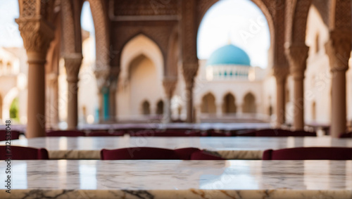 Empty marble table with blurry mosque background © adynue