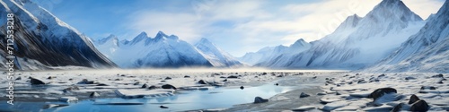 A panoramic shot capturing the grandeur of a glacier-carved valley, with snow-covered peaks towering above