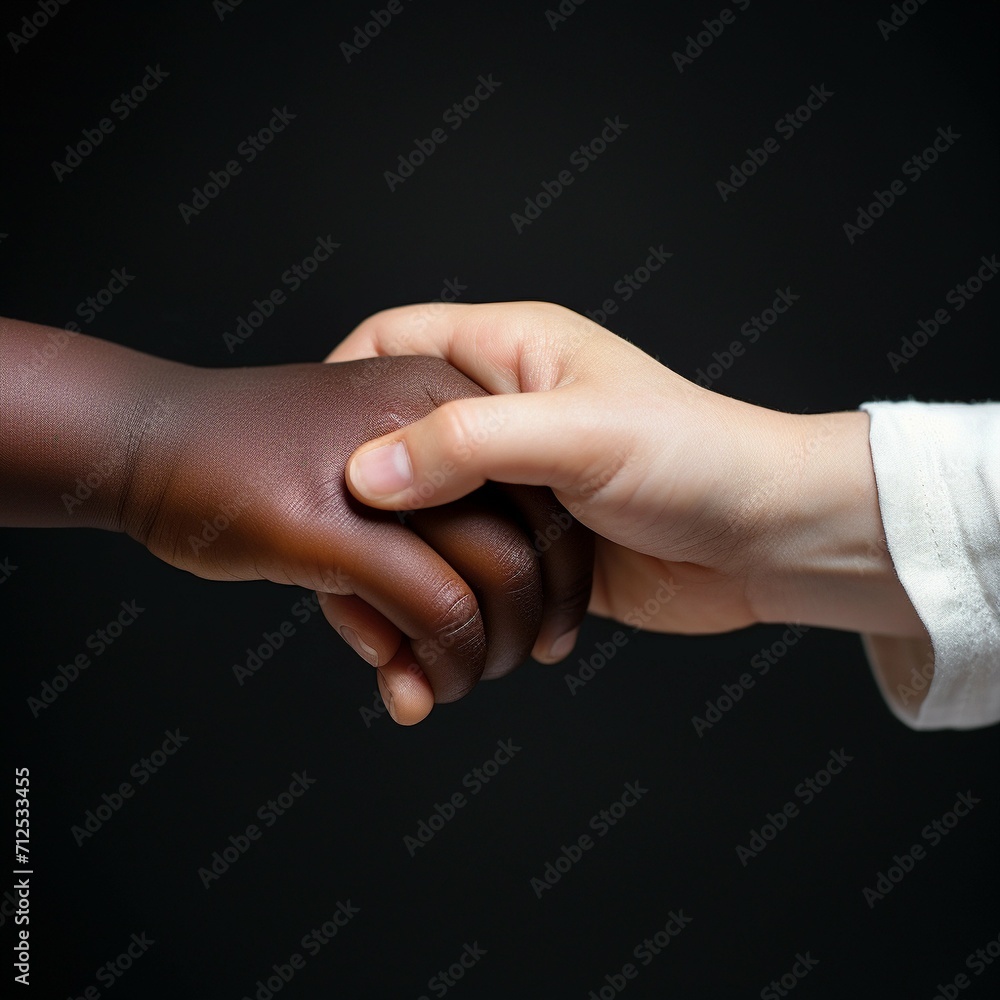 Handshake of interracial kids on black background with copy space. Concept of fighting racism - obrazy, fototapety, plakaty 