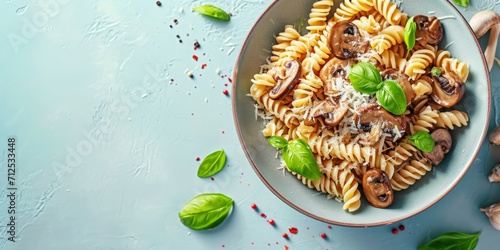 pasta with mushrooms and cheese top view Generative AI