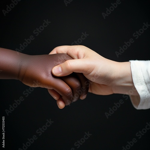 Handshake of interracial kids on black background with copy space. Concept of fighting racism photo