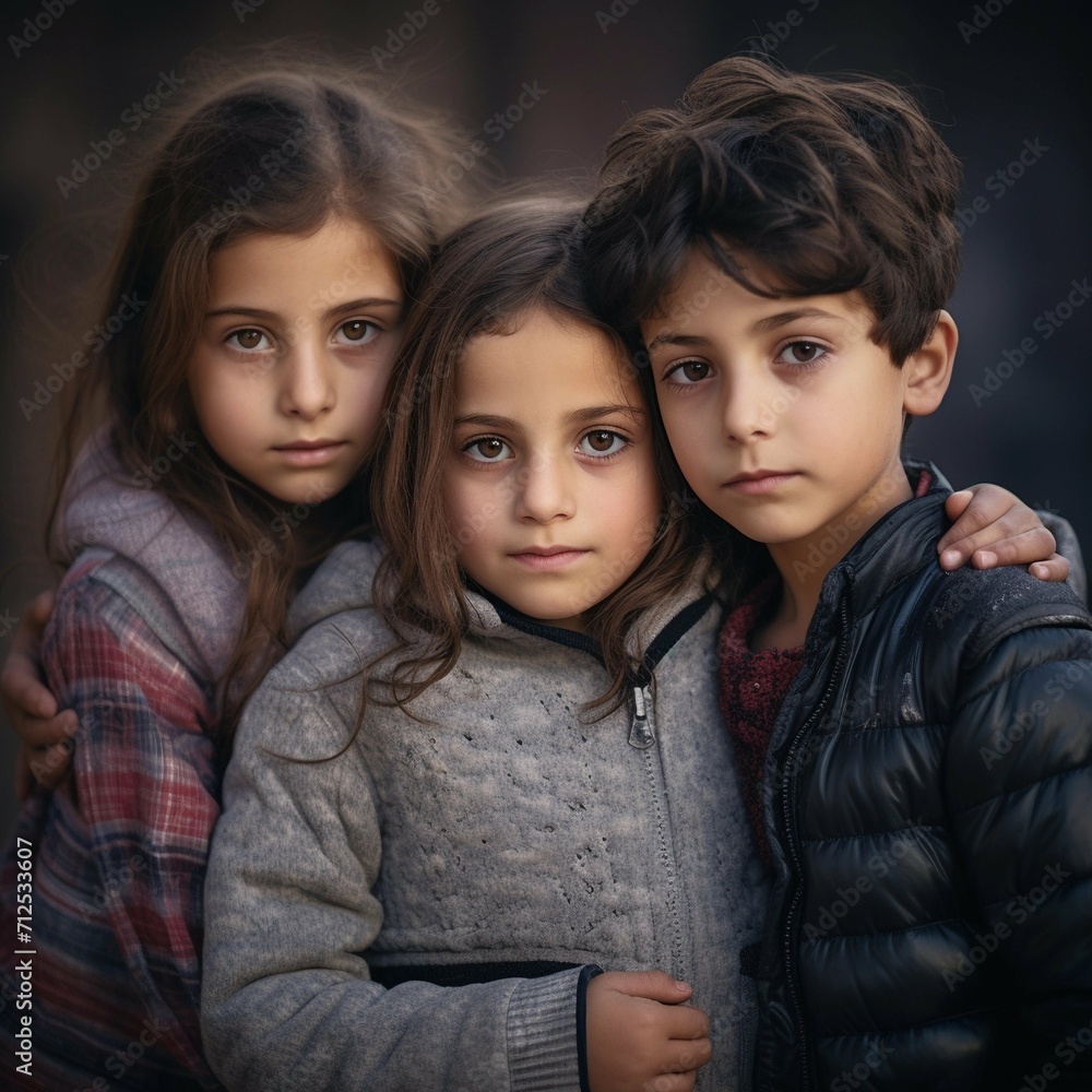 Portrait of children at war in the runes of the city. Refugee children from the war in Syria, Palestine, Gaza, Ukraine Portrait of children at war in the runes of the city. Refugee children from the war in Syria, Palestine, Gaza, Ukraine