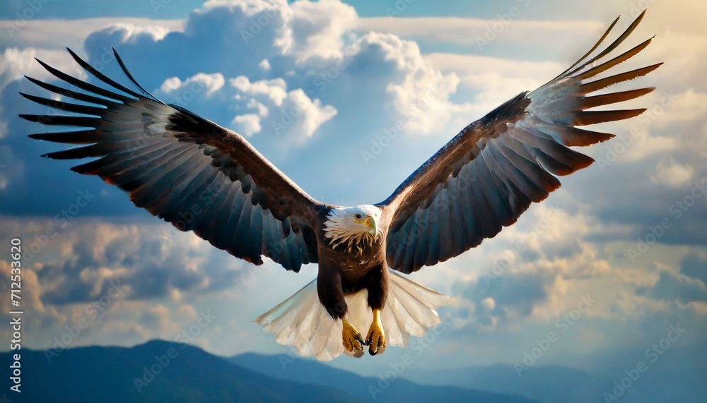 Fototapeta premium flying eagle in flight.an eagle gracefully navigating the skies, its wings gracefully spread against a backdrop of clouds, capturing the essence of freedom and the beauty of flight.