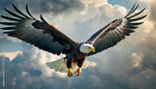 an eagle gracefully navigating the skies, its wings gracefully spread against a backdrop of clouds, capturing the essence of freedom and the beauty of flight.