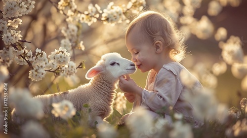 Delighted child feeding a baby lamb in a picturesque Easter meadow, surrounded by blossoms
