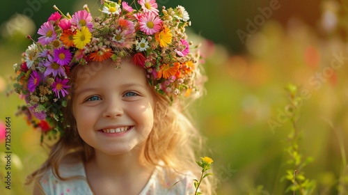 Delighted child with a floral wreath, signifying the excitement of Easter and the approach of spring