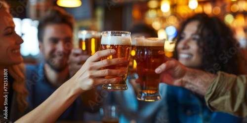 friends clinking glasses of beer at a bar Generative AI