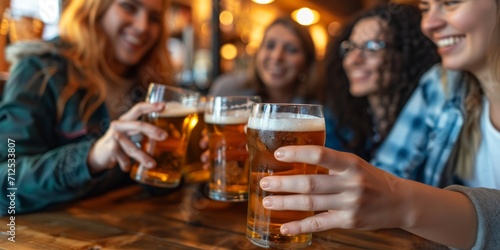 friends clinking glasses of beer at a bar Generative AI