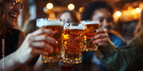 friends clinking glasses of beer at a bar Generative AI