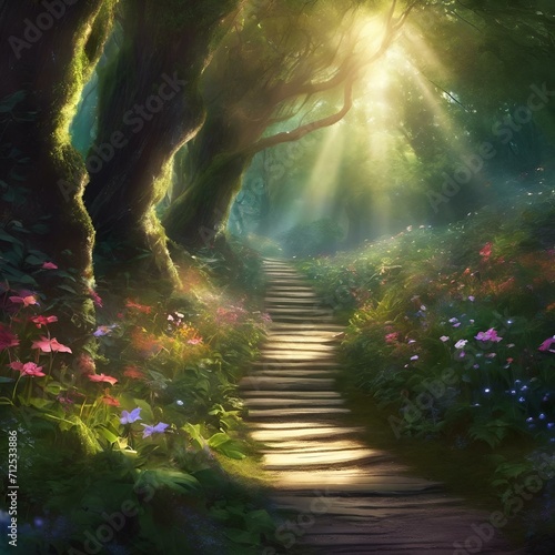 AI generated illustration of sunlit pathway through trees on a serene morning photo