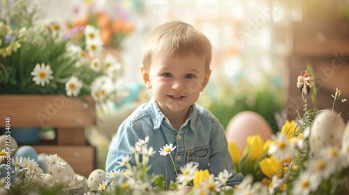 Endlessly excited about the start of the egg hunt, a playful little child surrounded by Easter decorations