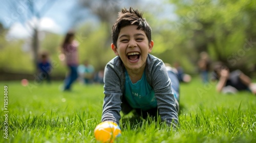 Energetic teenager participating in an egg roll competition on a lush green lawn, filled with laughter