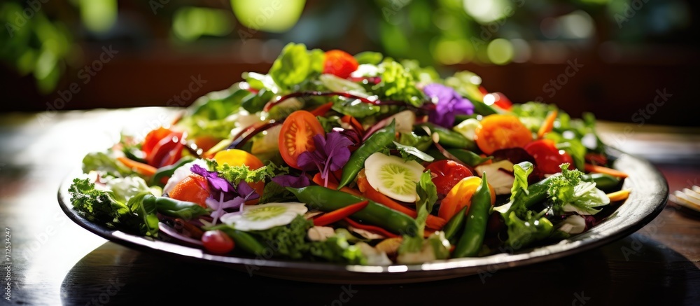Mixed greens and vegetables in a salad.