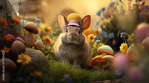 Happy Easter concept. Funny Easter bunny in hat on fairy-tale meadow background with flowers hunts for Easter eggs. AI generated © amixstudio