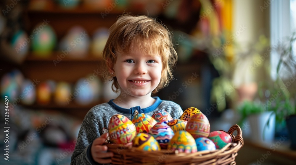 Grinning toddler with a basket full of exquisitely painted Easter eggs