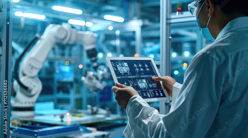 An engineer uses a digital tablet to control a robotic arm in a high-tech industrial environment with an emphasis on automation and precision. An engineer uses a digital tablet to control a robotic arm in a high-tech industrial environment with an emphasis on automation and precision.