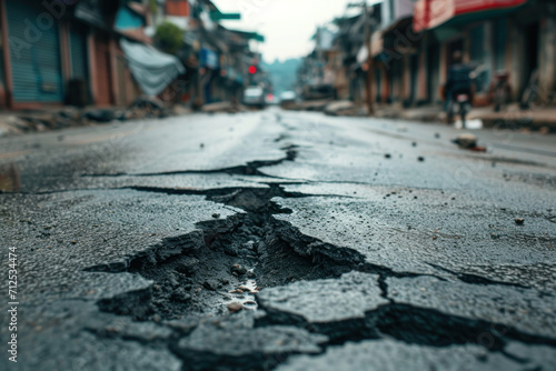 Earthquake cracked road street in city. Generative AI © Slepitssskaya