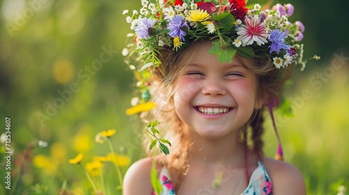 Happy child wearing a wreath of flowers, symbolizing the joy of Easter and the arrival of spring
