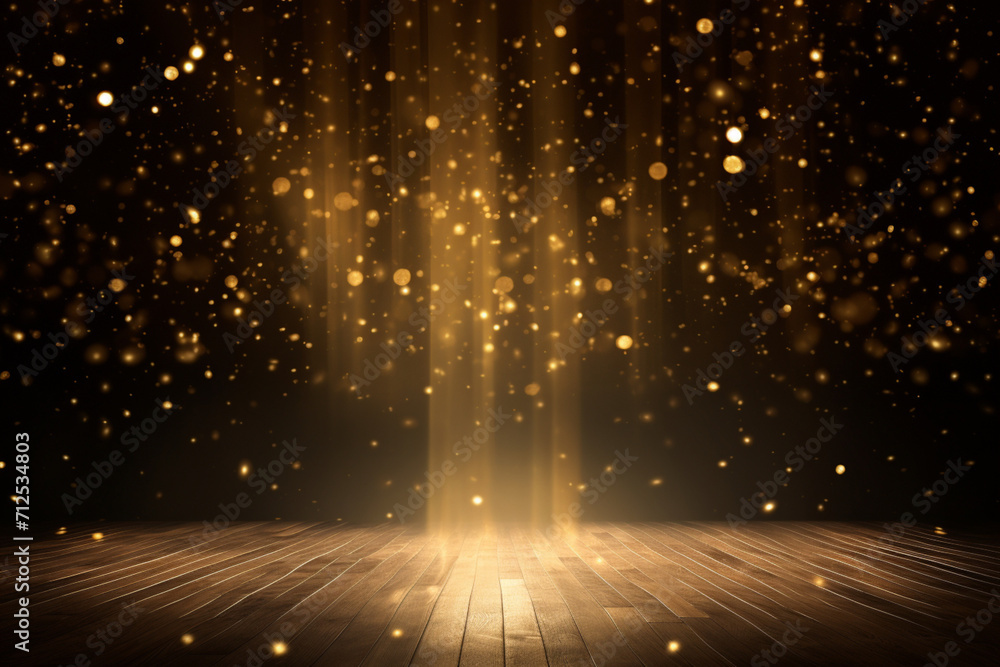 Twinkling gold glitter falling on the stage illuminated with one spot light  - obrazy, fototapety, plakaty 