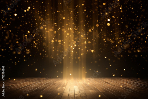 Twinkling gold glitter falling on the stage illuminated with one spot light  photo