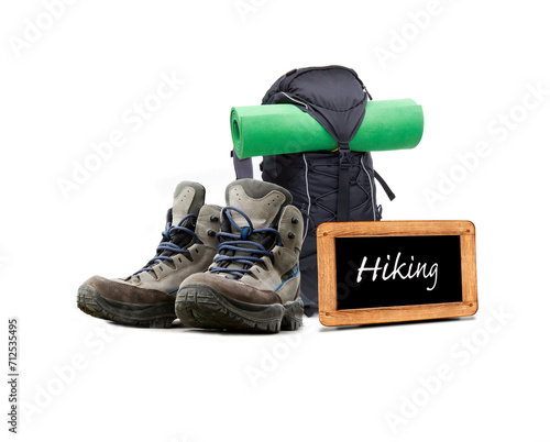 Hiking Schild mit Bergstiefeln und Rucksack
