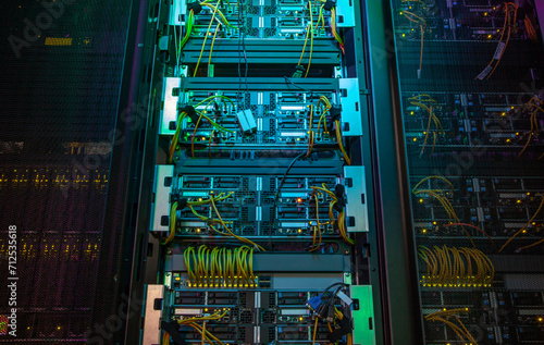 Rack Servers and Supercomputers, Modern Telecommunications, Artificial Intelligence, Supercomputer Technology.
Powerful supercomputer. Cloud Computing Server Room. Network of servers at a data center.