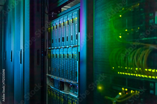 Rack Servers and Supercomputers, Modern Telecommunications, Artificial Intelligence, Supercomputer Technology.
Powerful supercomputer. Cloud Computing Server Room. Network of servers at a data center.