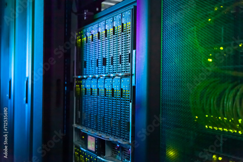 Rack Servers and Supercomputers, Modern Telecommunications, Artificial Intelligence, Supercomputer Technology.
Powerful supercomputer. Cloud Computing Server Room. Network of servers at a data center.