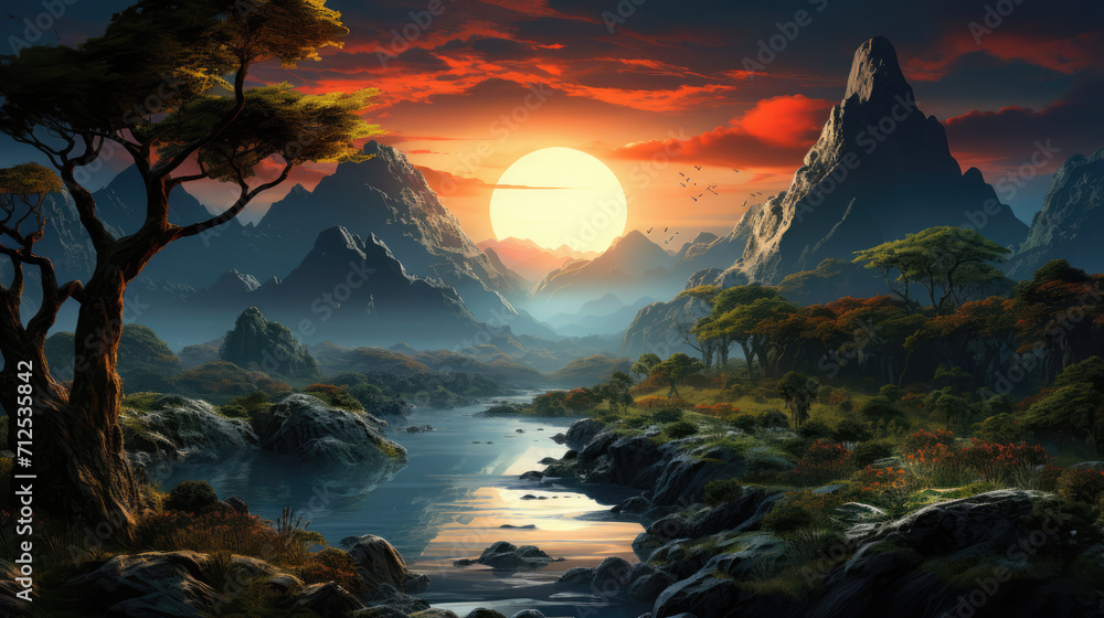 A breathtaking nature landscape featuring majestic mountains, vast skies, and lush plants—an immersive scene celebrating the beauty of the great outdoors