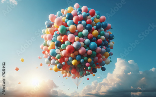 Many colored balloons float in the sky on a cloudy day