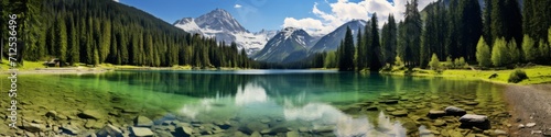 A panoramic shot of a crystal-clear glacial lake   surrounded by snow-capped peaks and lush evergreen forests