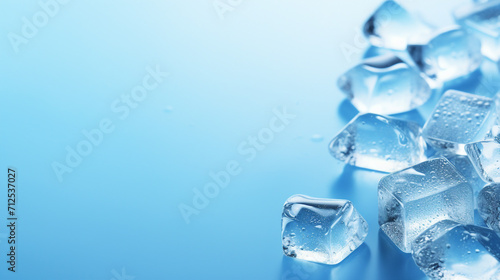 Captivating Top View of Ice Cubes and Water Drops on Blue Background – A Refreshing Beverage Concept with Crystal Clear Elegance and Abstract Purity.