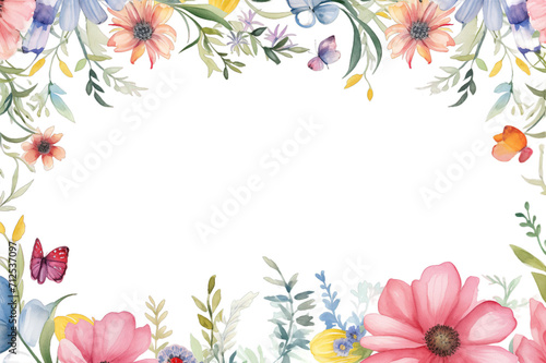 Watercolor Flower border frame isolated on transparent background. PNG file, cut out