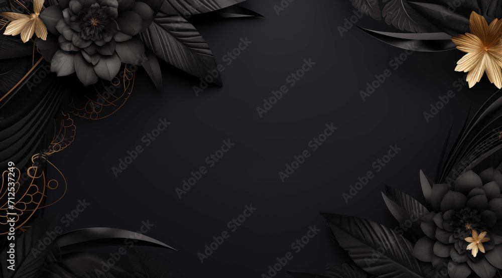 Black background with black tropical leaves and flowers.