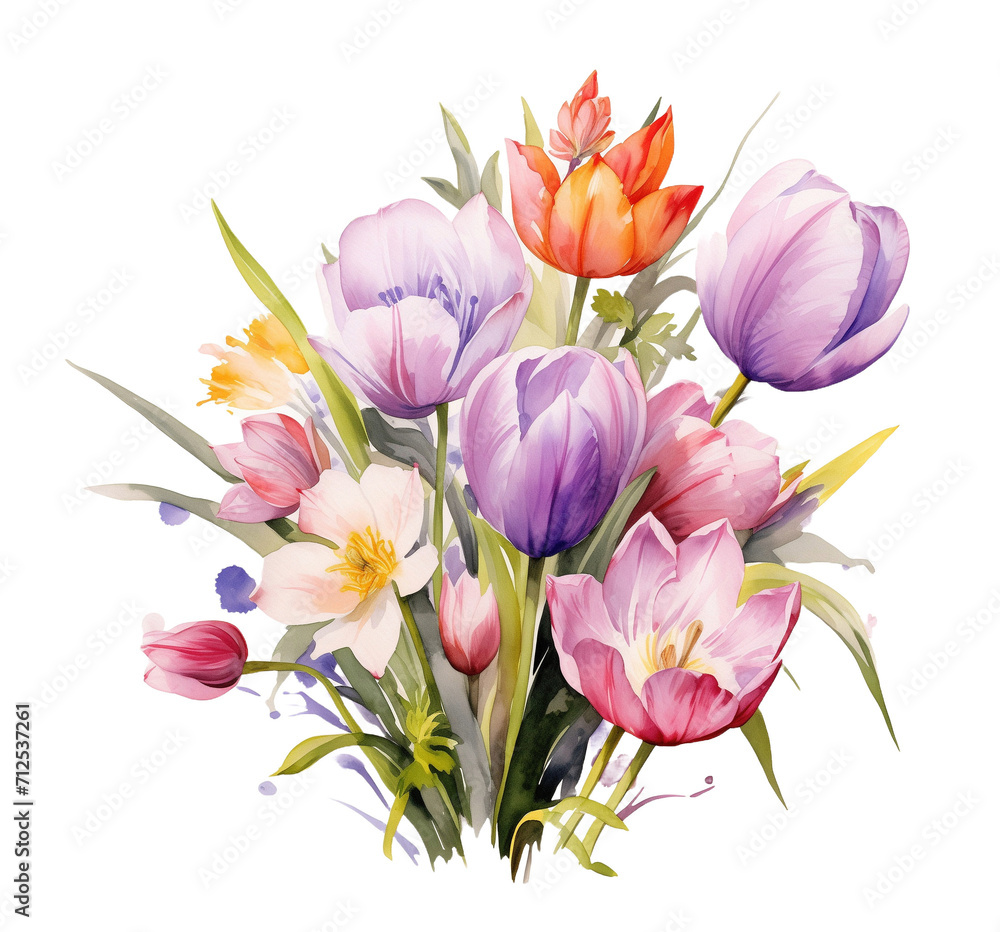 Fototapeta premium Watercolor Spring flowers isolated on transparent background. PNG file, cut out