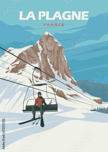 la pagne france ski resort vintage poster illustration design