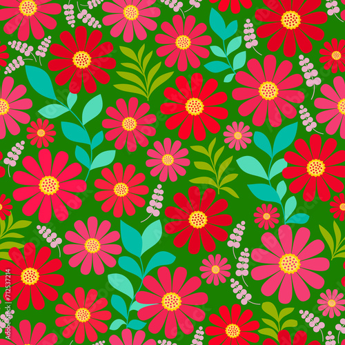 Simple seamless pattern with red  pink flowers  blue  olive  leaves on a green background.