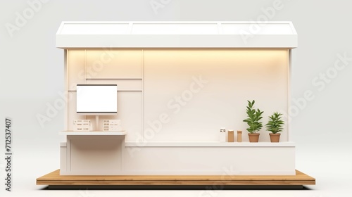A 3D rendering of a mockup kiosk for startup, small business, trade exhibition.