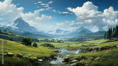 A breathtaking nature landscape featuring majestic mountains  vast skies  and lush plants   an immersive scene celebrating the beauty of the great outdoors